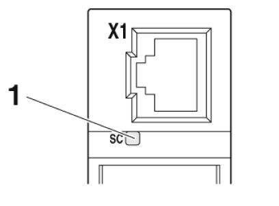 Zeichnung eines technischen Anschlusses mit der Beschriftung 'X1'. Ein Pfeil zeigt auf die Markierung 'SC' unter dem Anschluss.