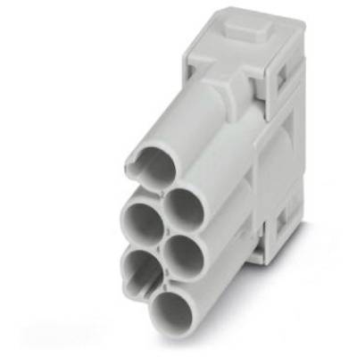 Grauer sechspoliger elektrischer Steckverbinder, kompakt gestaltet, zum Verbinden von Kabeln in elektrischen Anlagen.