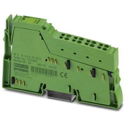 Grünes elektronisches Modul mit mehreren Steckverbindungen und Anschlüssen, vorgesehen für die Hutschienenmontage in Steuerungssystemen.