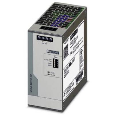 Ein elektronisches Gerät in grauer Farbe, möglicherweise ein Netzteil oder Industriebauteil, mit mehreren Anschlüssen und einem Display.