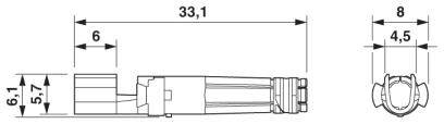 Technische Zeichnung eines Steckverbinders mit Maßen: Länge 33,1 mm, Höhe 6,1 mm, Breite 8 mm, Breite eines Teils 4,5 mm, Abstand 6 mm.