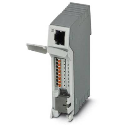 Ein graues elektronisches Gerät mit einem Netzwerkanschluss oben und acht Orange-Steckplätzen auf der Vorderseite zur Verbindung.