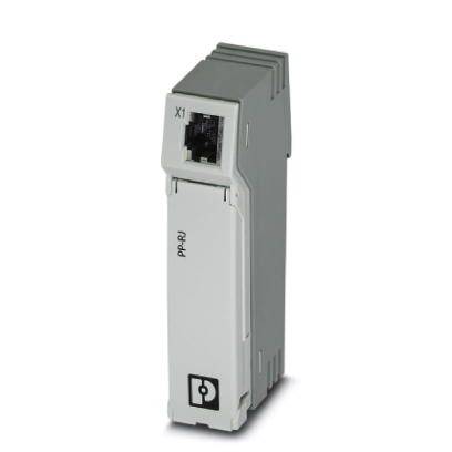 Eine graue elektronische Komponente mit einem Ethernet-Port oben und der Aufschrift 'PP-RJ' unten.