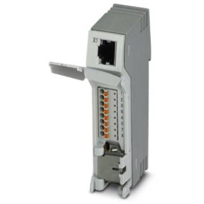Graues, vertikales, rechteckiges elektronisches Gerät mit einer Klappe oben und nummerierten Anschlüssen darunter, X1-Anschluss markiert.