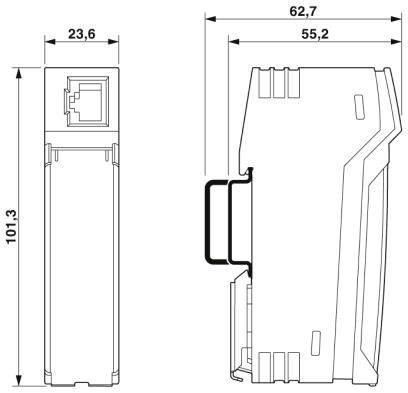 Technische Zeichnung eines rechteckigen elektronischen Moduls mit Maßen: 101,3 mm Höhe, 23,6 mm Breite, 62,7 mm Tiefe.