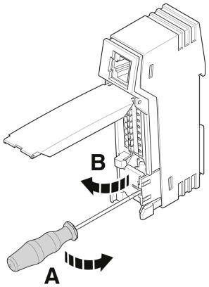 Abbildung zeigt die Installation einer Netzwerkkarte. Schraubendreher (A) dreht Schraube, um Abdeckung zu sichern. Pfeil (B) zeigt Einfügungsrichtung.