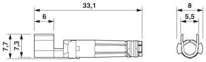 Technische Zeichnung eines Steckverbinders mit seitlicher und frontaler Ansicht, inklusive Bemaßungen: Länge 33,1 mm, Breite 8 mm.
