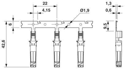 Technische Zeichnung eines elektrischen Steckverbinders mit Maßen: Breite 22 mm, Höhe 42,6 mm, Stiftdurchmesser Ø1,9 mm.