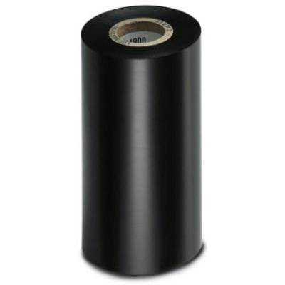 Eine schwarze Farbbandrolle, vertikal stehend, mit einem braunen Kern in der Mitte, verwendet für Drucker oder Etikettierer.