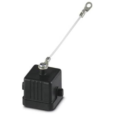 Schwarzes, quadratisches Gehäuse mit Kabel und Ringöse, vermutlich ein Sensor oder elektronisches Bauteil für die Montage.