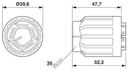 Technische Zeichnung eines zylindrischen Bauteils mit Maßen: Durchmesser 39,6 mm, Länge 52,2 mm, Teilmaß 47,7 mm, Rändelung bei 30 mm.