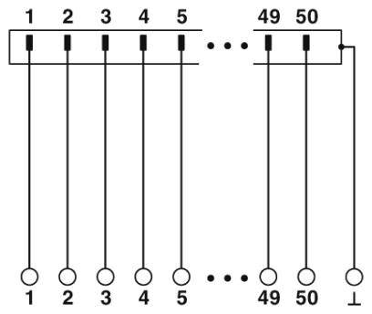 Schaltschema einer Mehrfach-Steckverbindung mit nummerierten Anschlüssen 1 bis 50, die auf zwei Reihen verteilt sind.