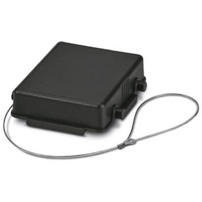 Ein rechteckiges schwarzes Sicherungsetui mit Kabelschlaufe, verwendet für mechanischen Schutz oder Diebstahlsicherung.