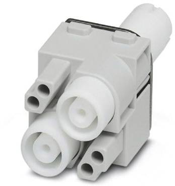 Ein grauer, mehrpoliger, rechteckiger Stecker mit mehreren zylindrischen Anschlüssen, geeignet für elektrische Verbindungen.