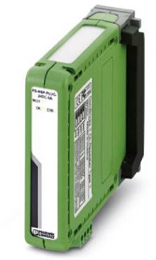 Grünes elektrisches Gerät in rechteckiger Form, mit weißen und schwarzen Etiketten, vermutlich ein elektronisches Modul.