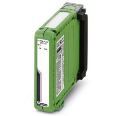 Grünes elektrisches Gerät in rechteckiger Form, mit weißen und schwarzen Etiketten, vermutlich ein elektronisches Modul.