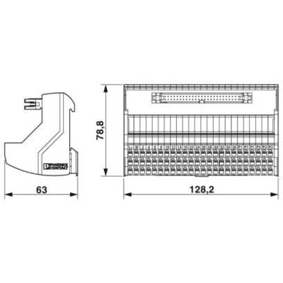 Technische Zeichnung eines elektrischen Modulgehäuses mit Maßen: 63 mm Tiefe, 78,8 mm Höhe, 128,2 mm Breite.