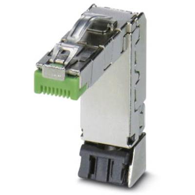Metallischer Netzwerkkabelverbinder mit grünem Element oben, schwarzes Ende unten. Verwendet zum Verbinden von Ethernet-Kabeln.