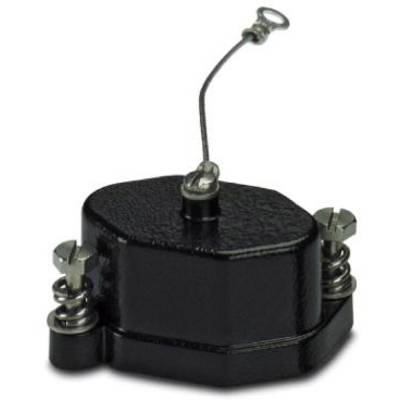 Schwarzer, sechseckiger elektronischer Bauteil mit zwei seitlichen Schraubverbindungen und einem Draht oben.