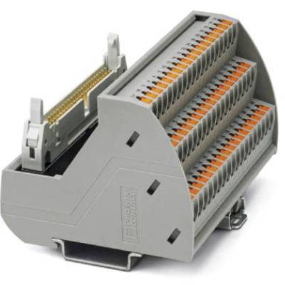 Graue elektrische Anschlussklemme mit mehreren Steckplätzen, auf einer Metallhalterung montiert. Sie zeigt orangefarbene Kontakte.