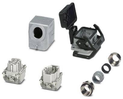 Mehrere Steckverbinder und Gehäuse aus Metall in verschiedenen Formen und Größen. Hauptkomponenten für industrielle Anwendungen.