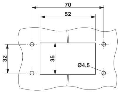 Technische Zeichnung eines rechteckigen Lochs in wellenförmiger Platte mit Maßen: Breite 70mm, Höhe 35mm, vier Löcher Ø4,5mm.