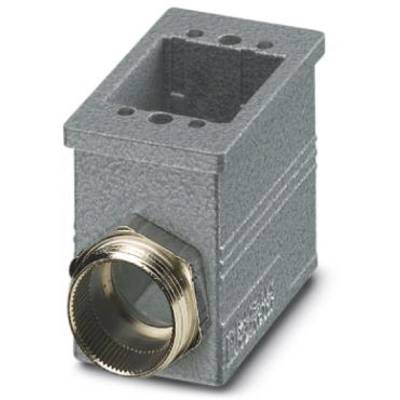 Metall-Steckverbindergehäuse mit seitlichem Eingang und Schraubverschluss, geeignet für industrielle Anwendungen.