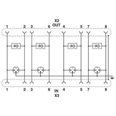 Schaltplan einer elektrischen Schaltung mit sechs rechteckigen Komponenten, die anscheinend Dioden und Kreise mit Symbolen enthalten. Markierungen 'IN X3' und 'OUT X2' am oberen und unteren Rand.