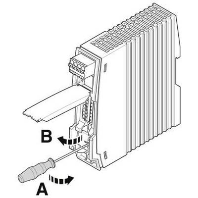 Illustration eines Geräts, das mit einem Schraubendreher und Hebel (A und B) geöffnet wird. Zeigt, wie man eine Abdeckung entfernt.