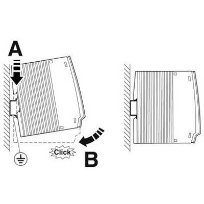 Instruktionsbild: Zwei Schritte zeigen, wie ein Gerät in einen Schlitz eingesetzt wird. Schritt A: Gerät nach unten drücken. Schritt B: Gerät nach rechts kippen, bis es einrastet.