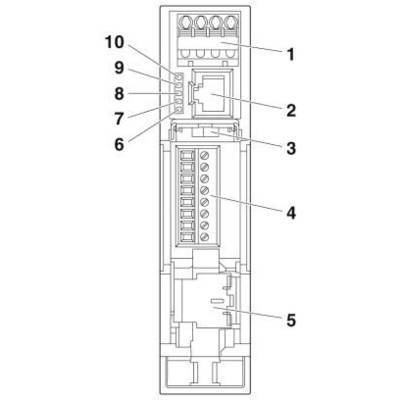 Schaltplan eines elektrischen Geräts mit nummerierten Komponenten von 1 bis 10, jede mit einem spezifischen Anschluss oder Modul.