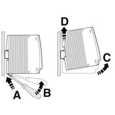 'Zeichnung zeigt das Entfernen eines Geräts aus der Wand. Schritt A: Schraubendreher wird unten eingesetzt. Schritt B: Kippen nach oben (Pfeil D) und Herausziehen (Pfeil C).'