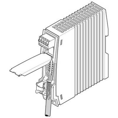 Abbildung eines modularen elektronischen Geräts mit offenem Anschlussbereich und sichtbaren Kabeln.