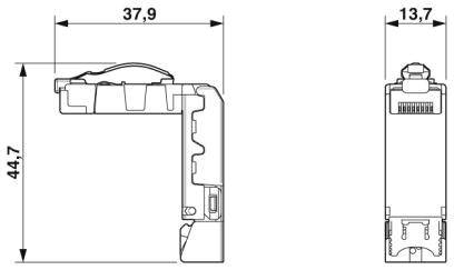 Technische Zeichnung eines elektronischen Bauteils mit den Maßen 44,7 mm hoch, 37,9 mm breit, und 13,7 mm tief.