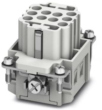 Ein grauer Stecker mit mehreren Anschlussmöglichkeiten, befestigt mit Schrauben, geeignet für industrielle Anwendungen.