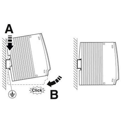 Diagramm, das zeigt, wie ein Gerät montiert wird: Schritt A zeigt das Einrasten des Geräts, Schritt B zeigt es sicher an der Wand.