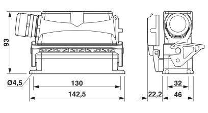 Technische Zeichnung eines mechanischen Teils mit Maßen: 93 Höhe, 142,5 Gesamtlänge, 46 und 32 Tiefe. Markiert sind Durchmesser, Längen.