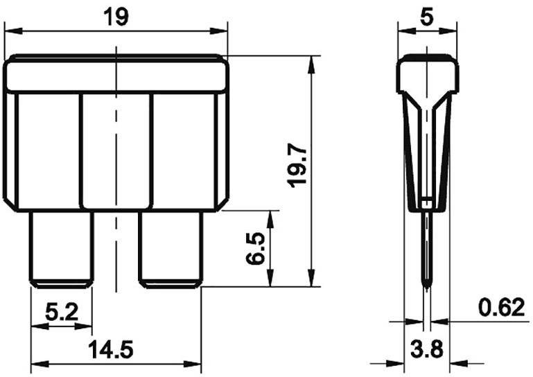 Technische Zeichnung eines Bauteils mit Abmessungen: Höhe 19,7 mm, Breite 19 mm, Tiefe 14,5 mm, Stiftdurchmesser 0,62 mm.