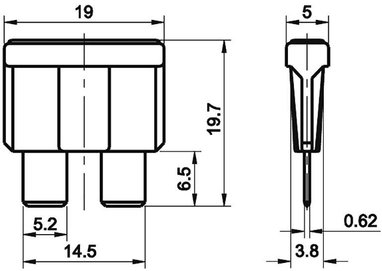 Technische Zeichnung eines zweipoligen Steckers mit Abmessungen: Breite 19 mm, Höhe 14,5 mm, Stecklänge 3,8 mm.