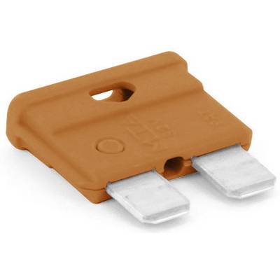 Eine orangefarbene Flachsicherung mit zwei Metallkontakten, verwendet zur Stromkreissicherung in elektrischen Geräten.
