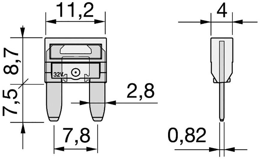 Technische Zeichnung eines elektrischen Bauteils mit Abmessungen: 11,2 x 8,7 x 2,8 mm. Zeigt Vorderansicht und Seitenansicht mit Details.