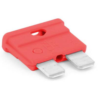 Rote Flachsicherung mit zwei Metallklingen, verwendet zum Schutz von elektrischen Schaltungen.