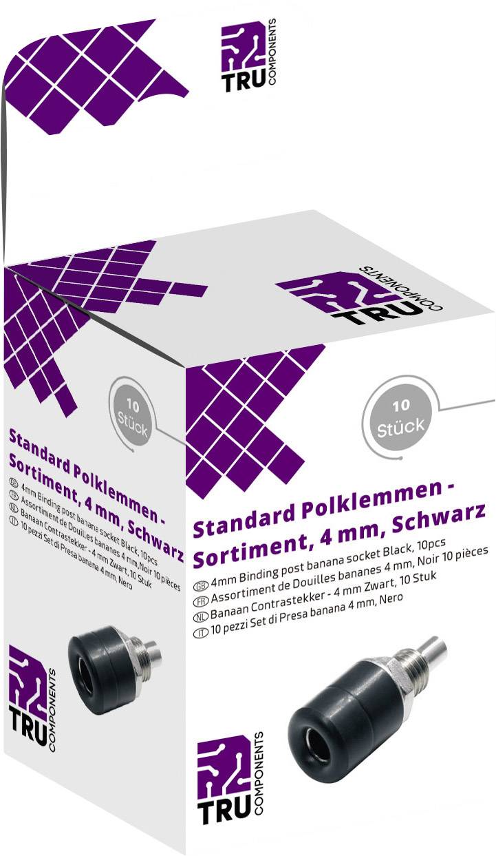Verpackung einer Standard Polklemmen-Auswahl, 4 mm, schwarz, 10 Stück. Enthält technische Details und Markenlogos.
