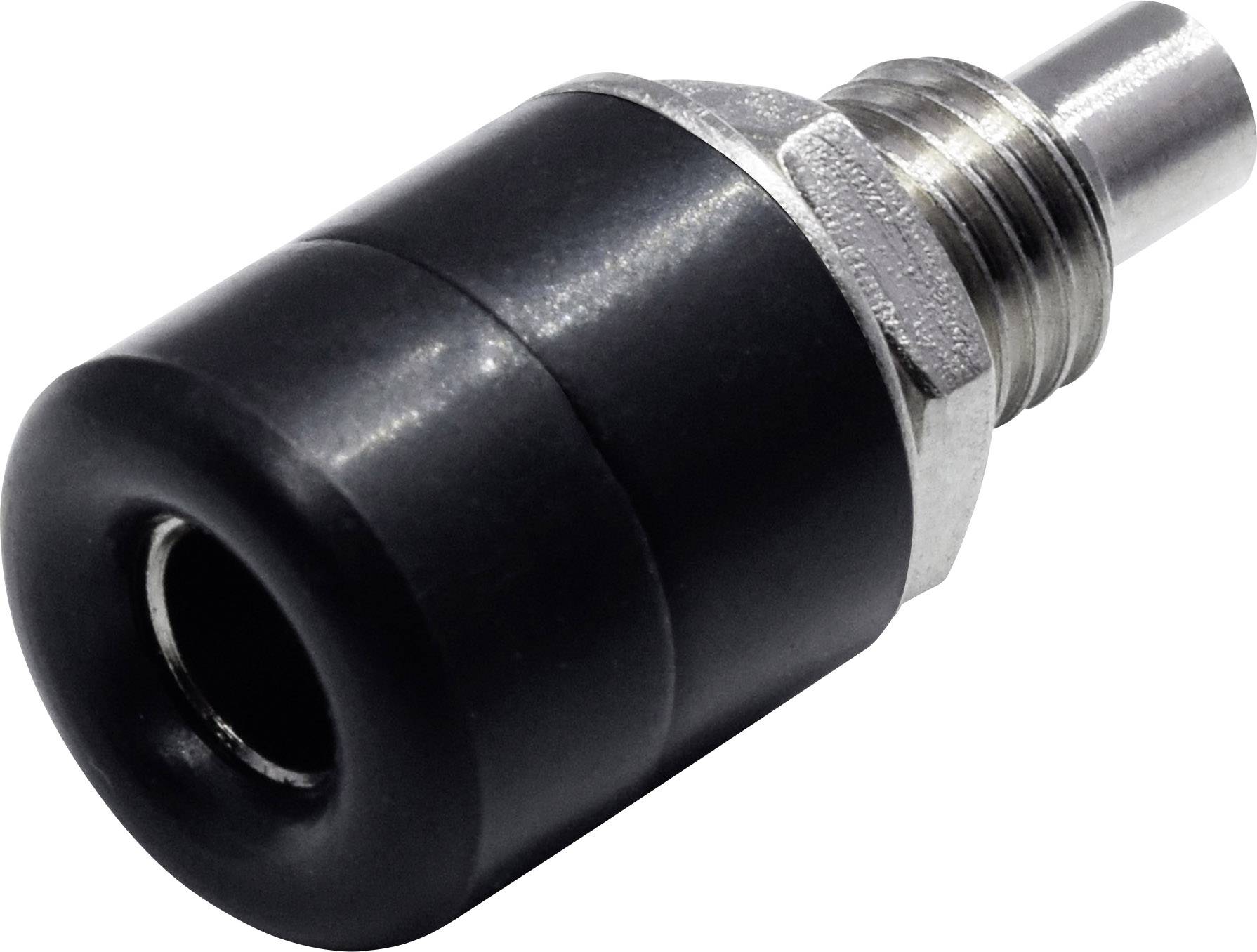 Ein schwarzer und silberner Metalladapter, wahrscheinlich ein Luftventil, mit einem glatten zylindrischen Körper und Gewindeanschluss.
