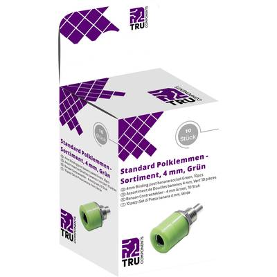 Verpackung für 'Standard Polklemmen-Sortiment, 4 mm, Grün', zeigt grünes Anschlussstück und enthält 10 Stück. Marke TRU Components.