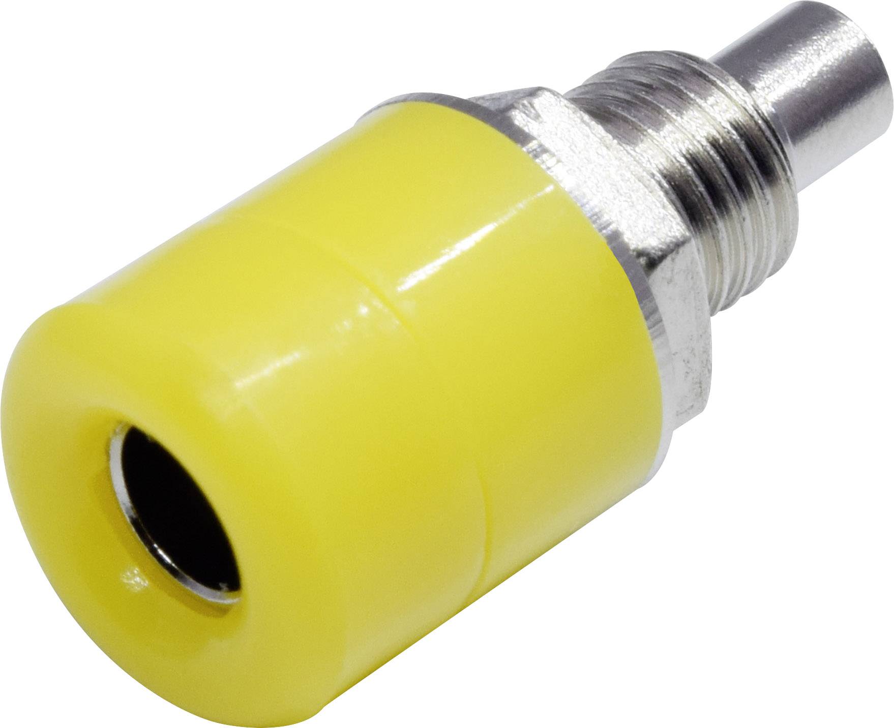 Gelber Metall-Steckeradapter mit rundem Kunststoffgehäuse, seitlich fotografiert. Verwendet zur Verbindung für Audio- oder Videogeräte.