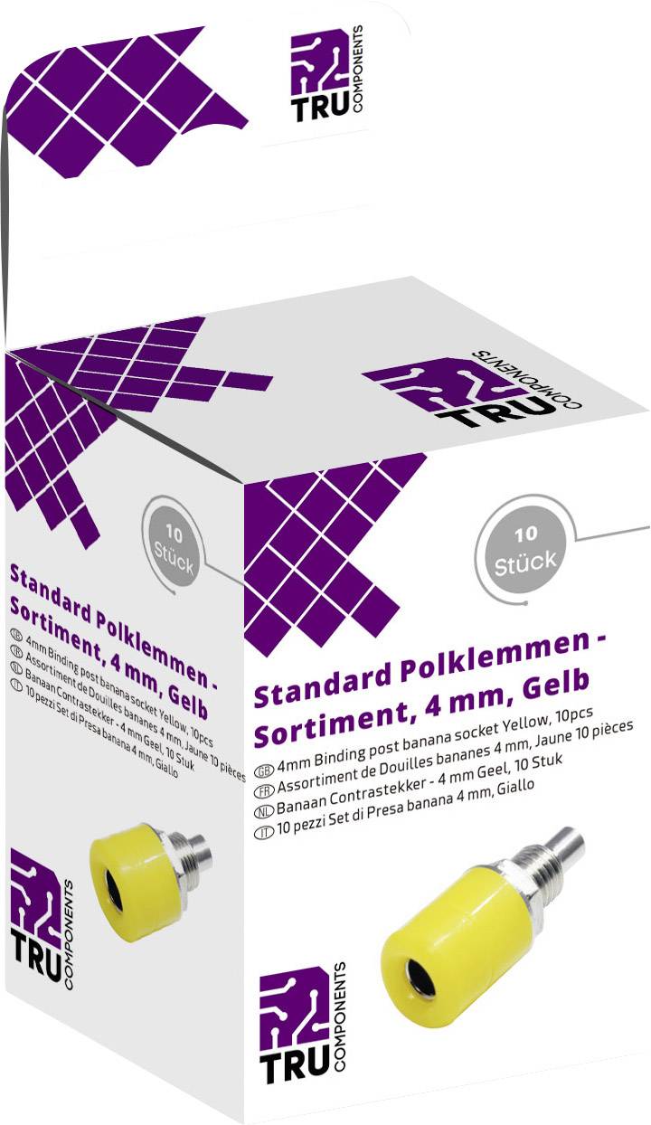 'Verpackung für Standard Polklemmen, 4 mm, Gelb, 10 Stück. Abbildung der gelben Polklemmen und TRU Components-Logo.'