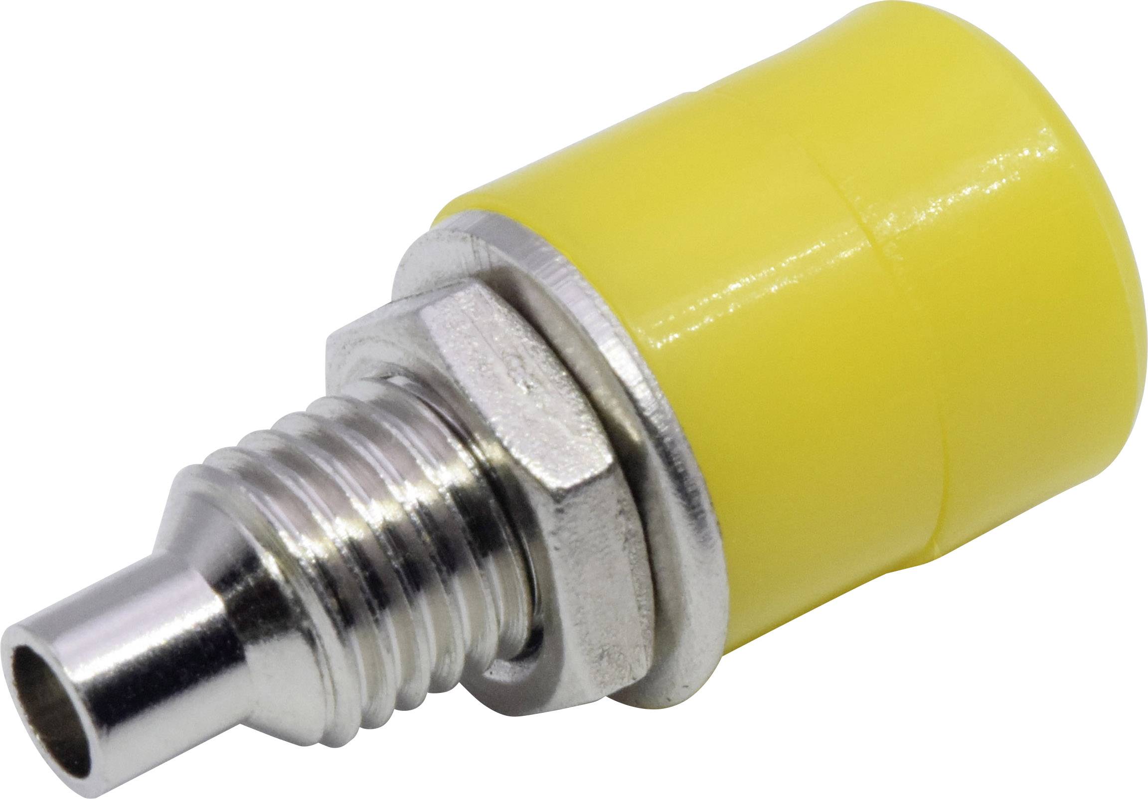 Metalladapter mit zylindrischem Gewinde und gelber Kunststoffkappe. Wird häufig in Pneumatik- oder Hydrauliksystemen verwendet.