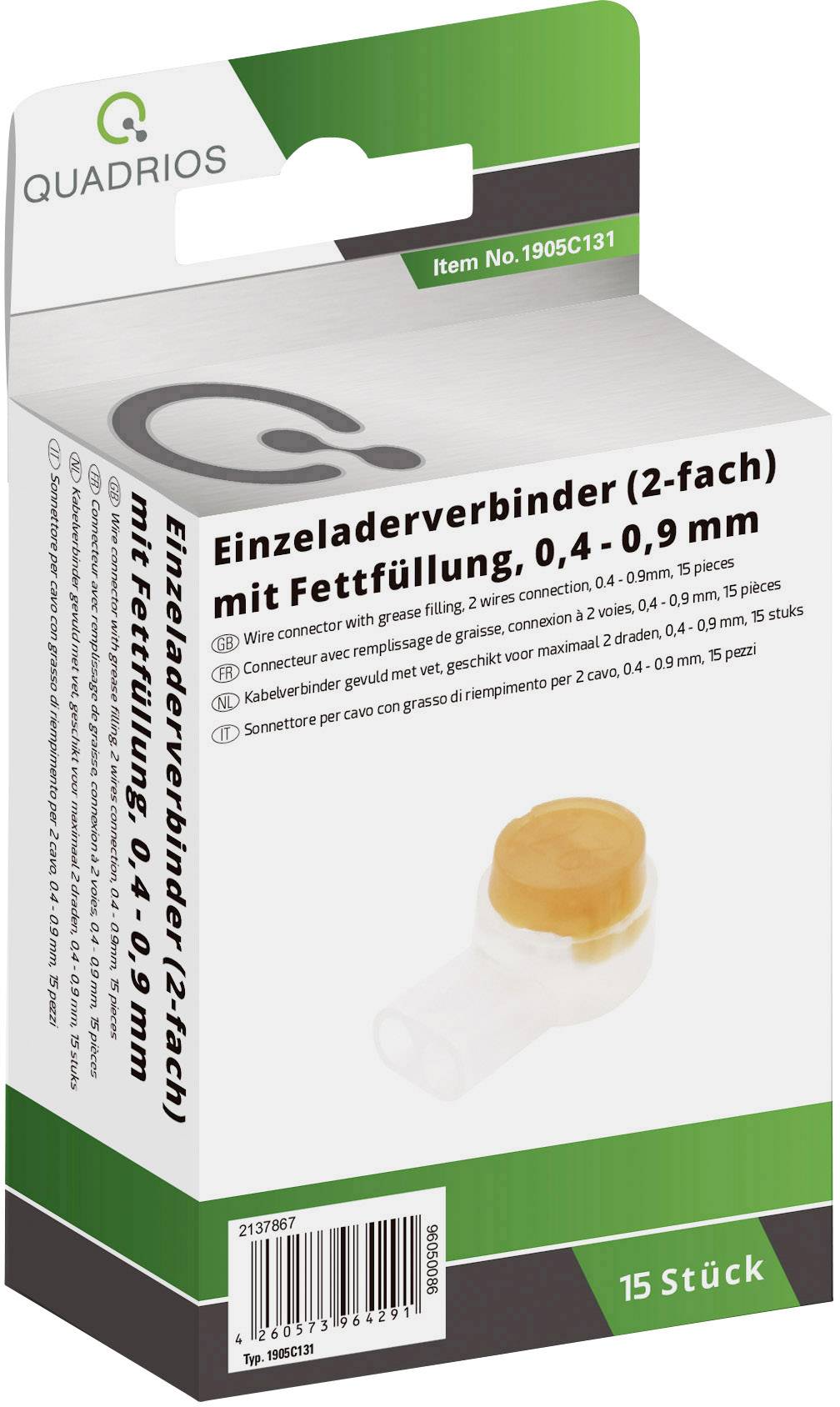 Packung Einzeladerverbinder von Quadrios mit Fettfüllung, 0,4 - 0,9 mm, 15 Stück, Artikelnummer 1905C131.