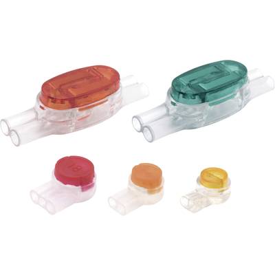 Transparente elektrische Verbinder in verschiedenen Farben (rot, grün, orange) und Größen zur Verbindung von Kabeln.